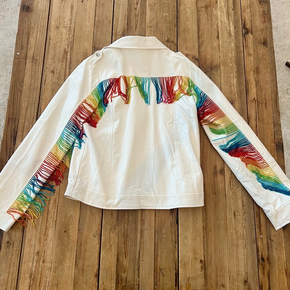 Lola & the Boys crystal rainbow White leather Jacket